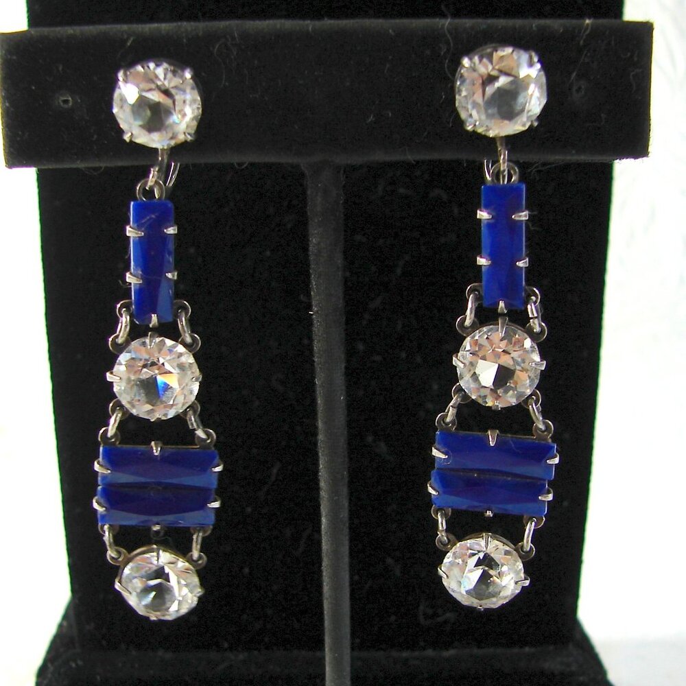 Vtg Art Deco Sterling Silver Screw-Back Drop EARRINGS, Blue/Clear, Prong Set G15